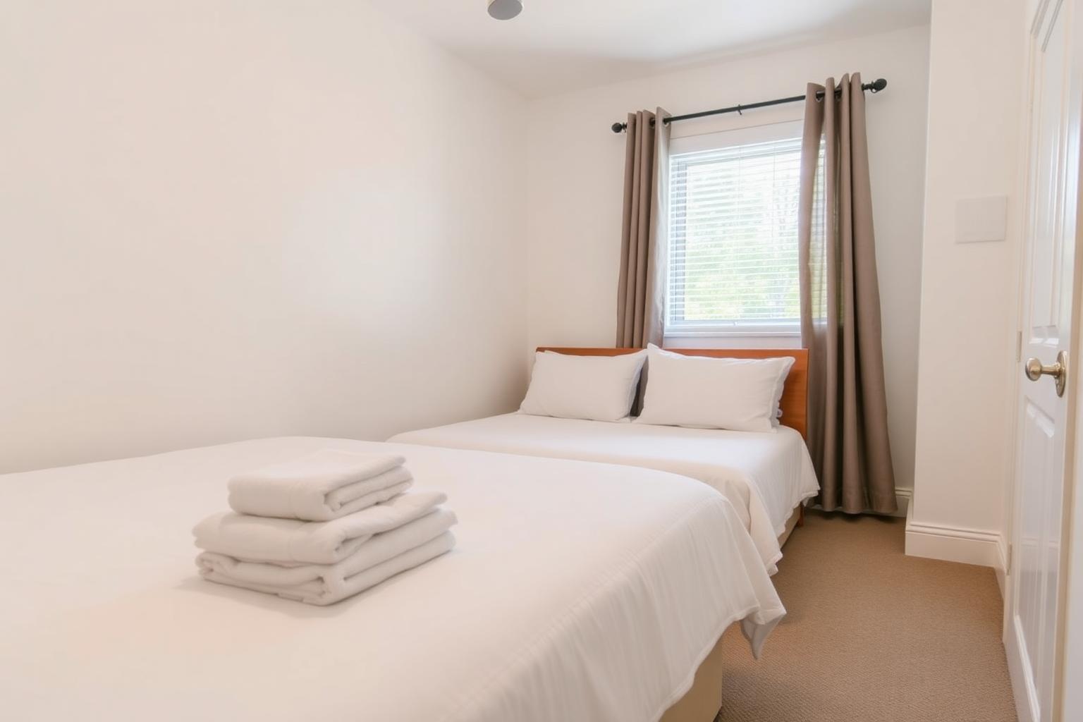 Short-term rental bedroom turned over with crisp white linens and folded towels