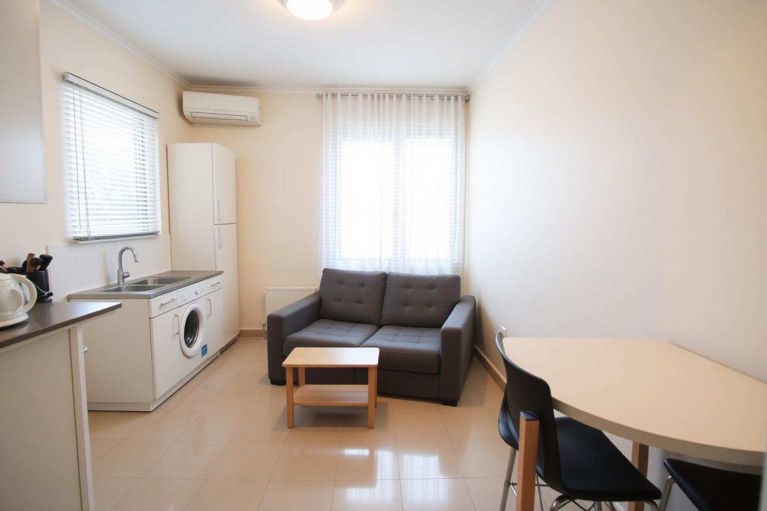 Tidy, freshly cleaned apartment living space with compact kitchen