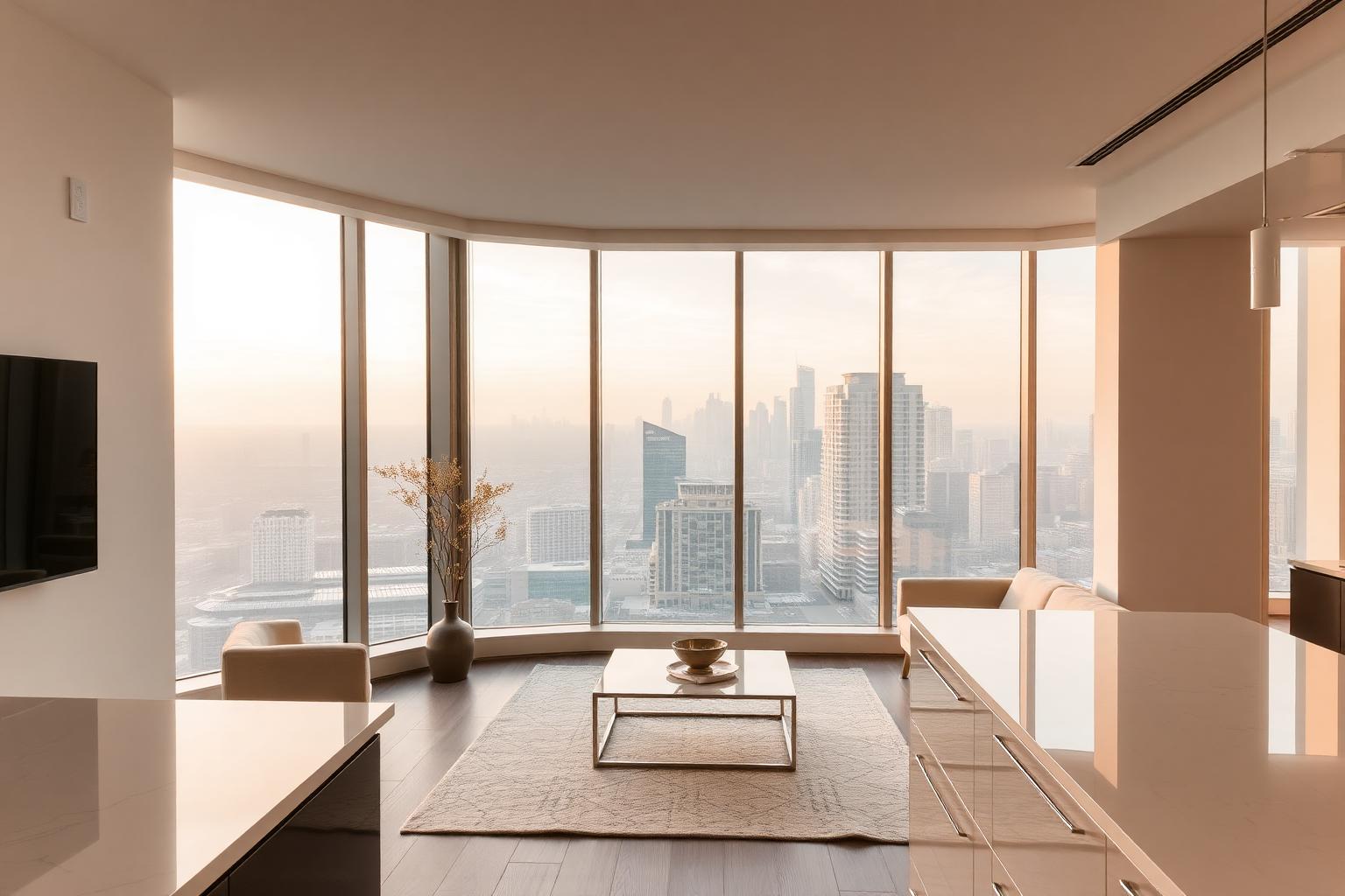 Spotless Toronto condo living room with floor-to-ceiling windows and skyline view