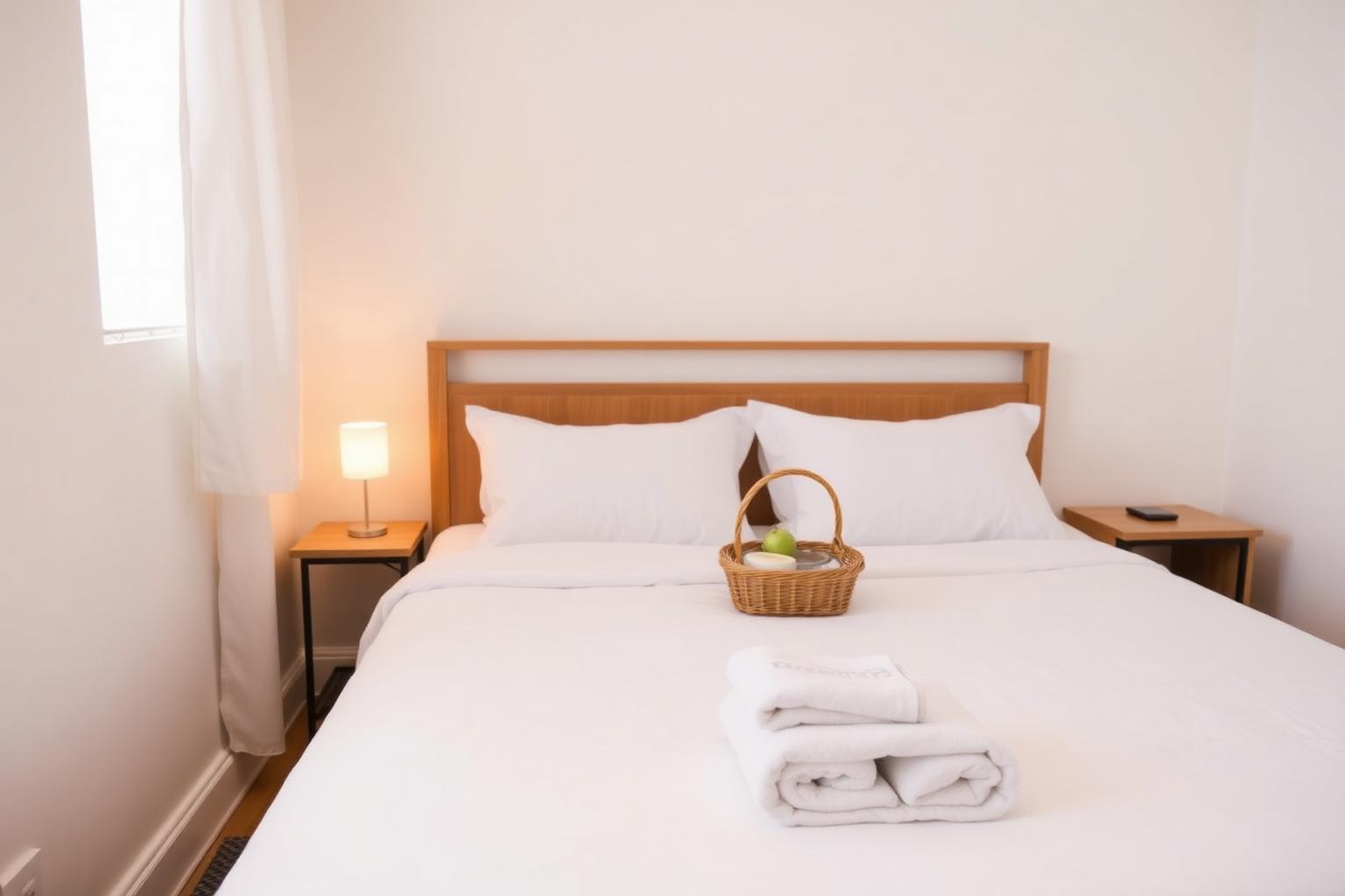 Short-term rental bedroom turned over with fresh linens and towels