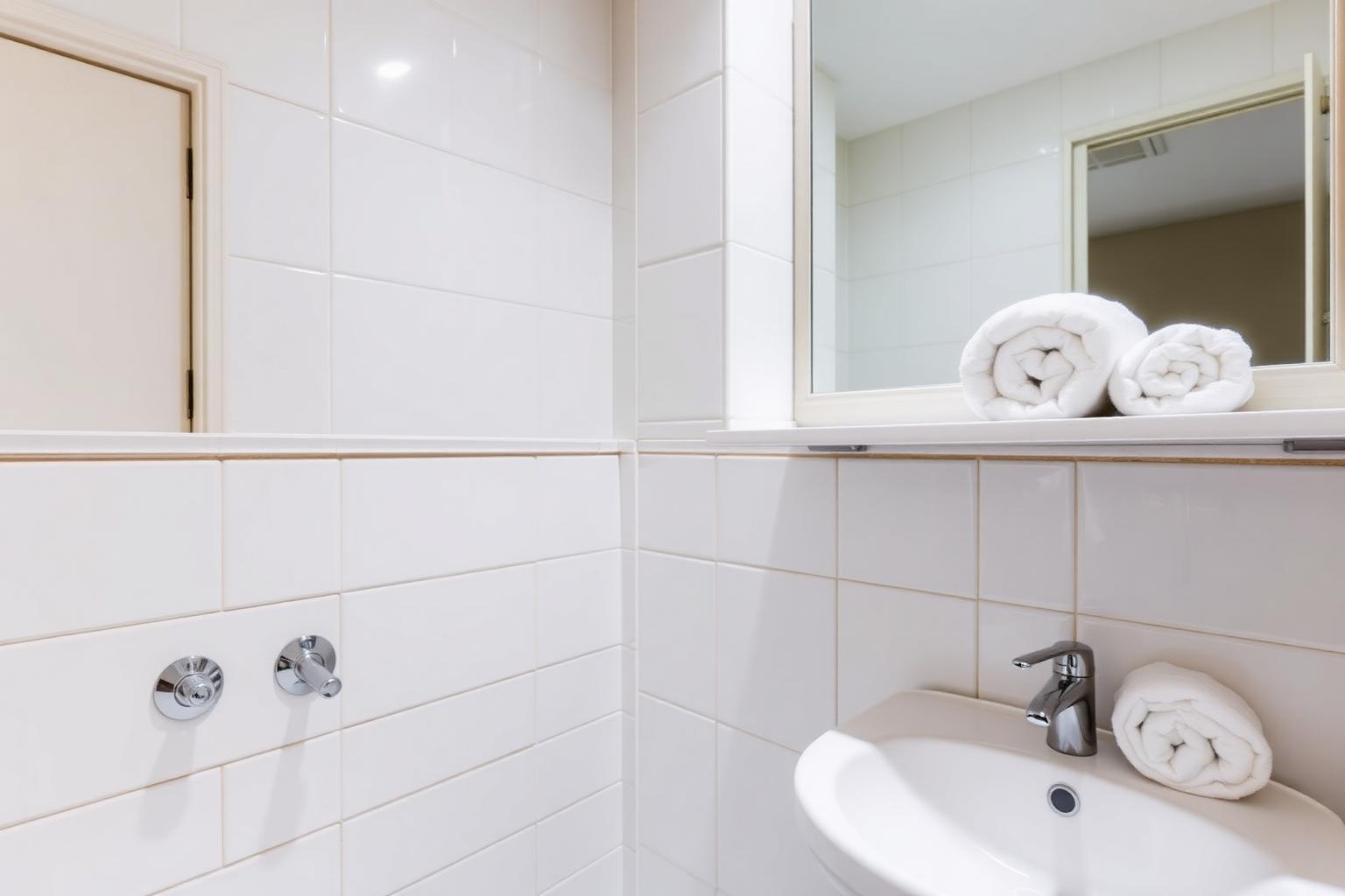 Sparkling apartment bathroom with polished chrome fixtures
