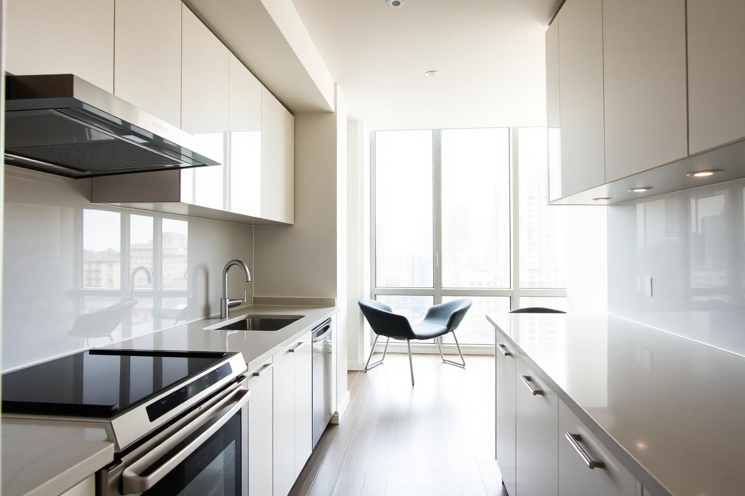 Spotless condo galley kitchen with quartz counters and city view
