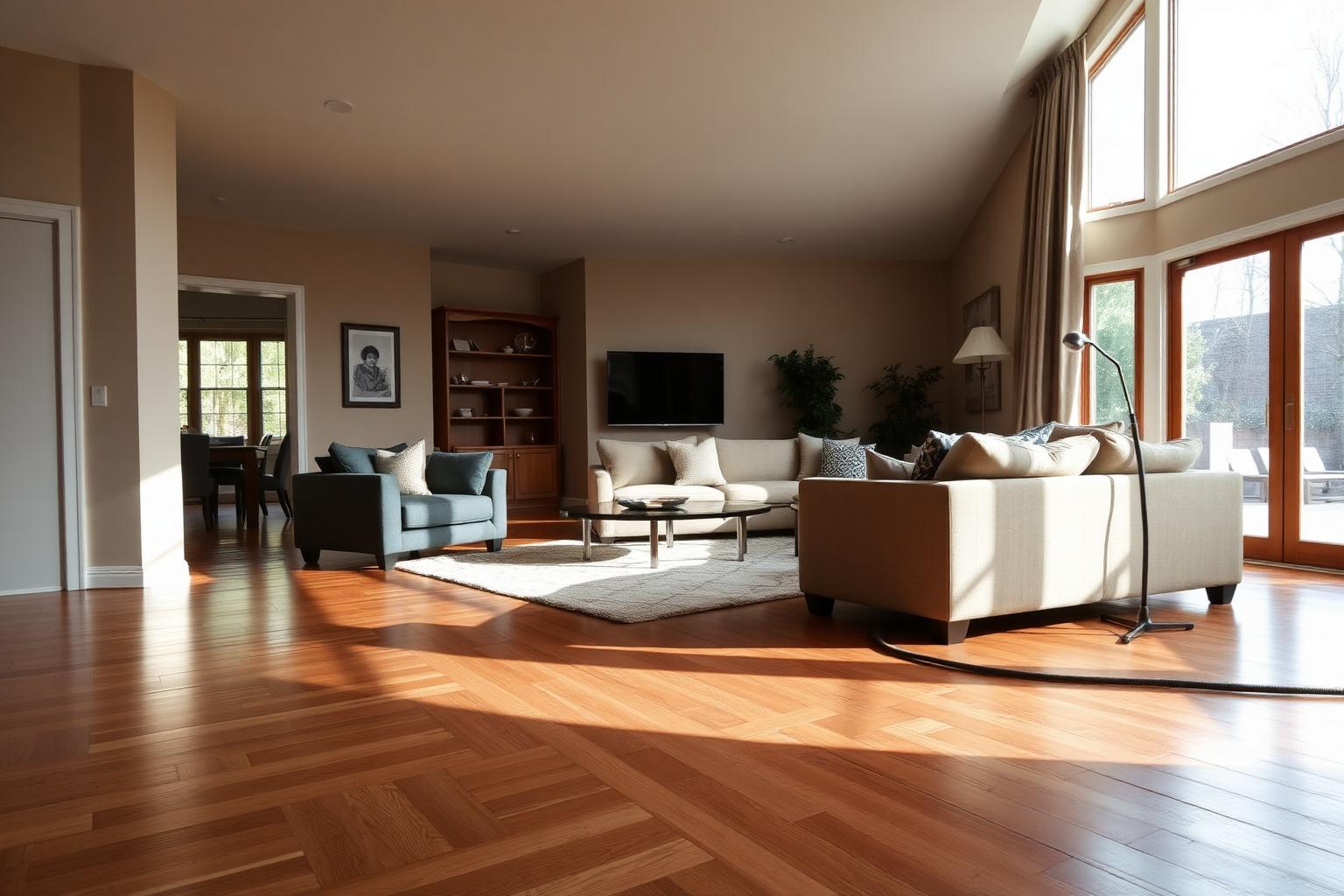 Large family living room with freshly vacuumed hardwood floors