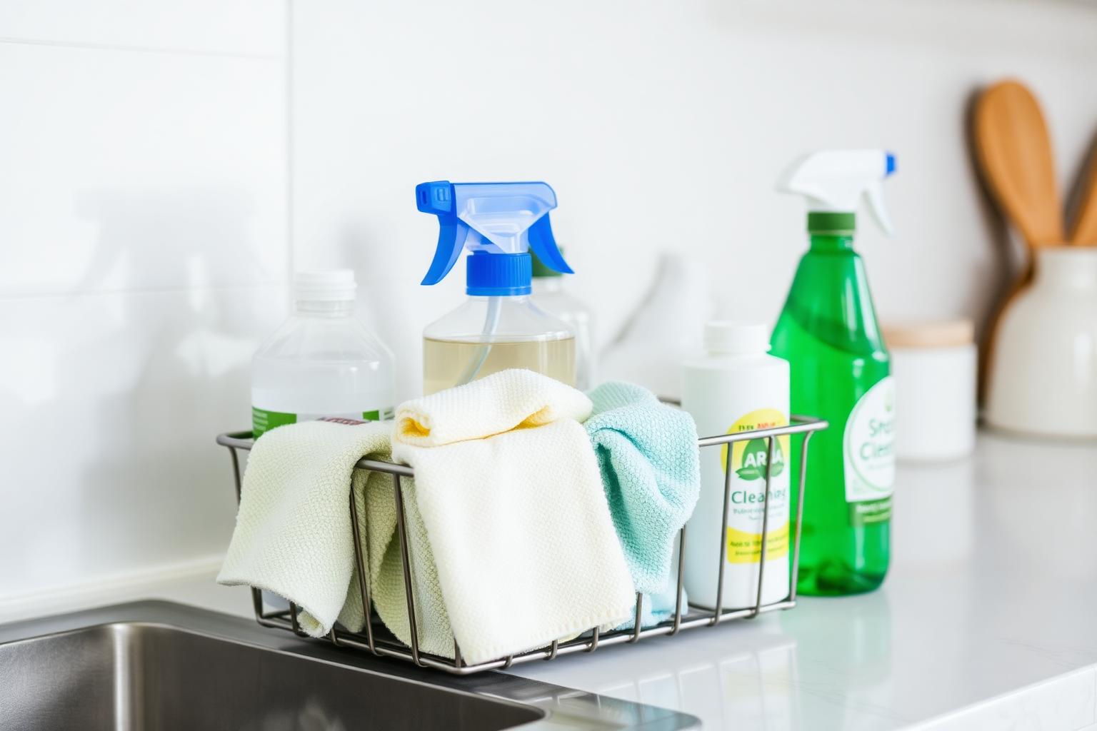 Microfibre cloths and cleaning products in a caddy on a clean counter