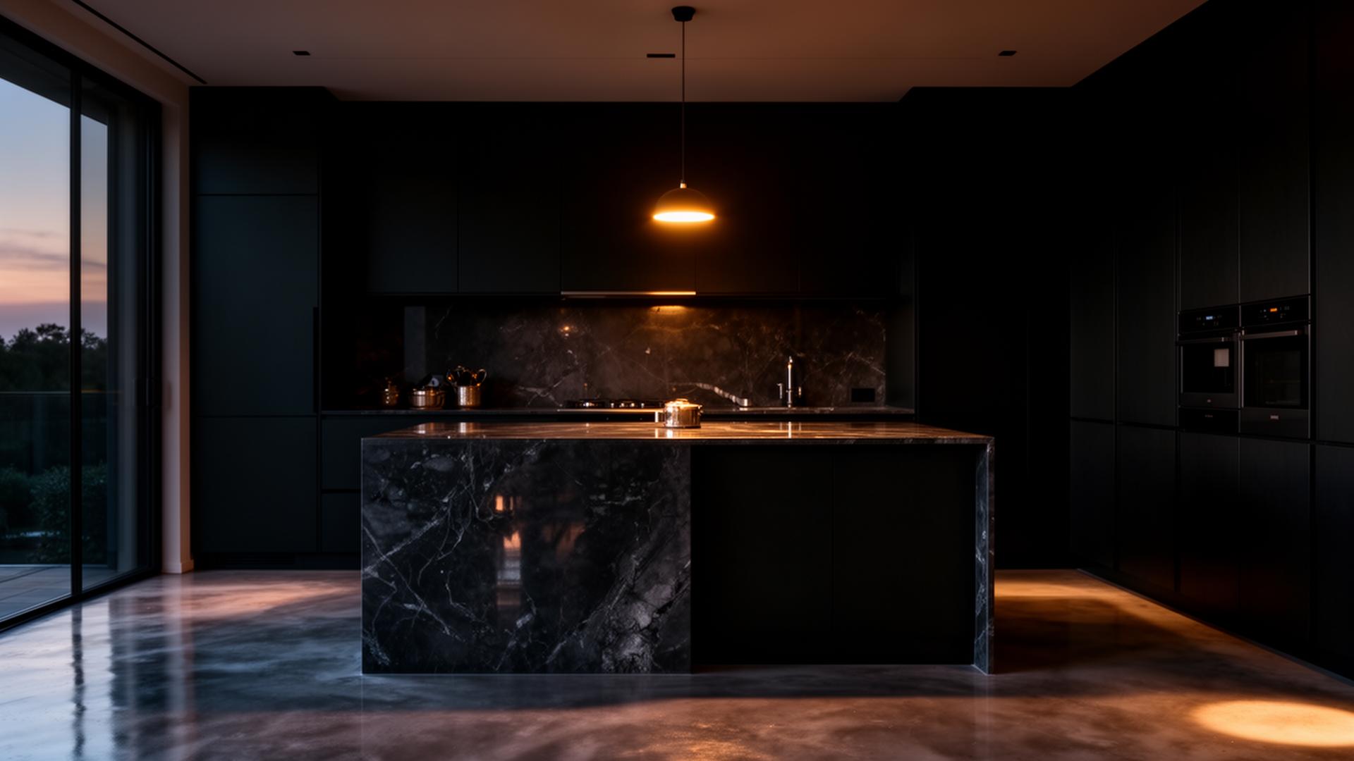 Dark luxury kitchen at dusk