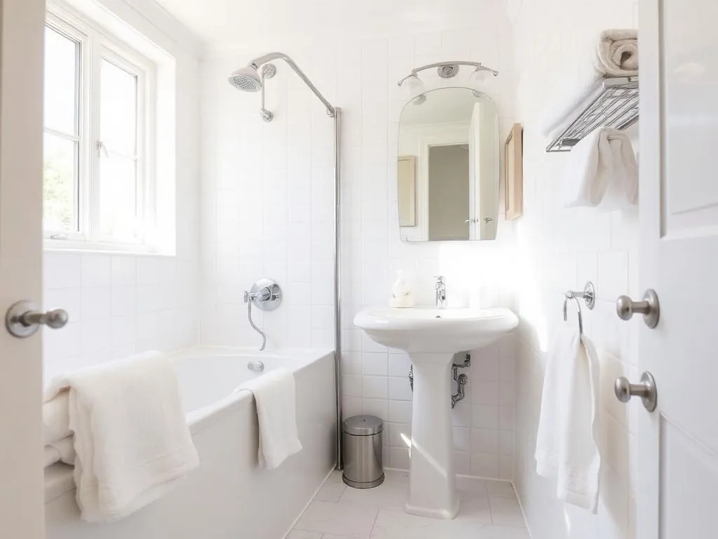 Sparkling clean bathroom with white tile and fresh towels