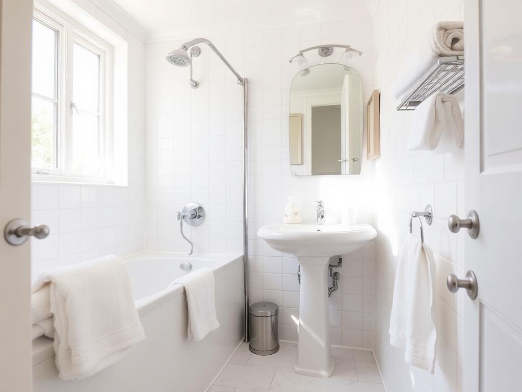 Sparkling clean bathroom with white tile and fresh towels