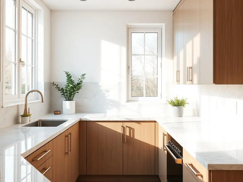 Modern sunlit kitchen with marble counters