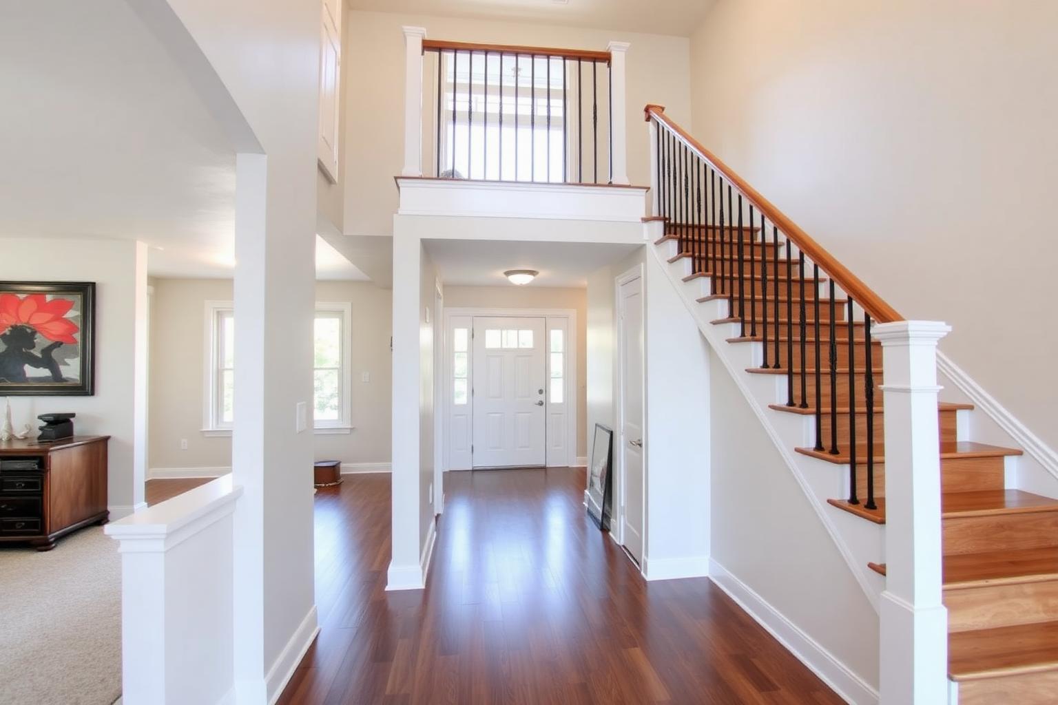 Clean townhouse entryway and hardwood staircase across multiple levels